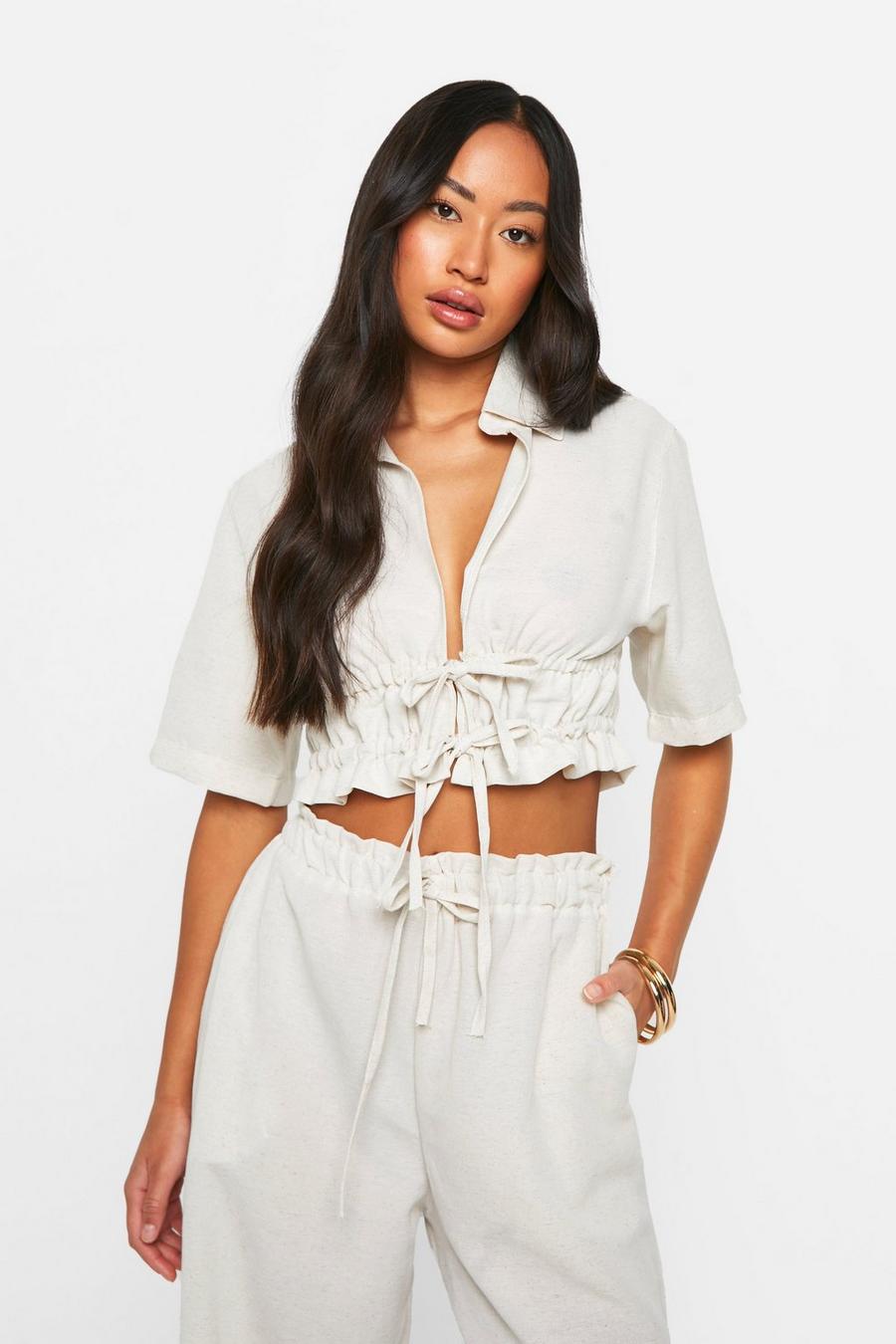 Light stone Linen Look Ruched Tie Front Shirt