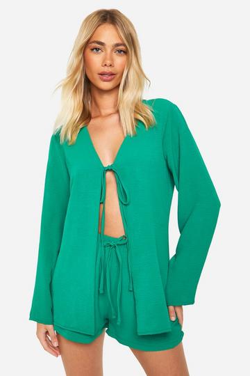 Hammered Tie Front Blouse & Relaxed Fit Shorts emerald