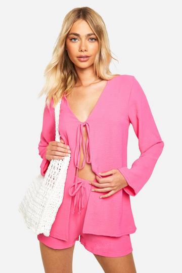 Hammered Tie Front Blouse & Relaxed Fit Shorts candy pink