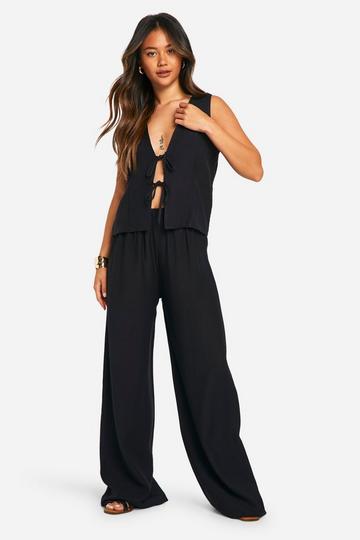 Linnen Look Top Met Strik En Wide Leg Broek black