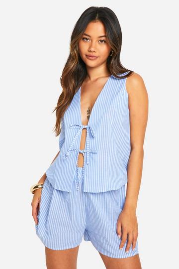 Linen Look Stripe Tie Front Top & Flippy Shorts blue