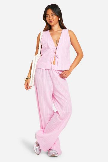 Linen Look Stripe Tie Front Top & Wide Leg Trousers baby pink