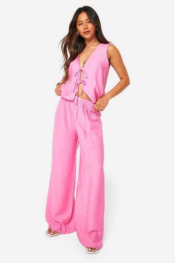 Linen Look Tie Front Top & Wide Leg Trousers candy pink