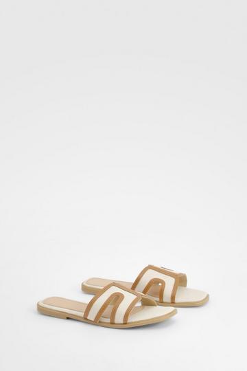 Tan Brown Linen Look Cut Out Detail Flat Sandals