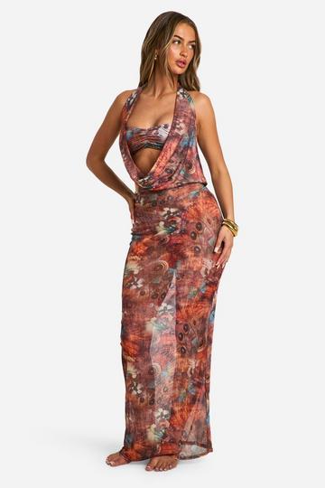 Brown Butterfly Printed Cowl Neck Maxi Beach Dress