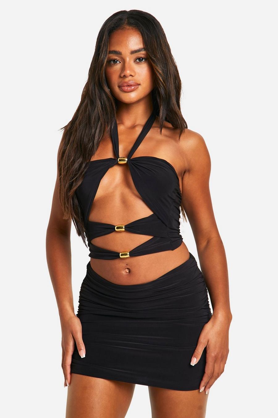 Black Double Slinky Cut Out Halter Neck Top And Mini Skirt  image number 1