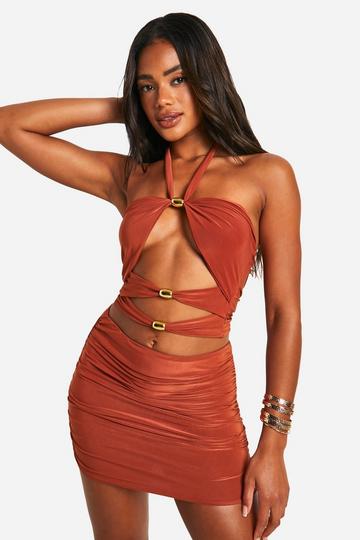 Double Slinky Cut Out Halter Top And Mini Skirt rust