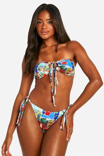 Postcard Print Tie Side Bikini Bottoms multi