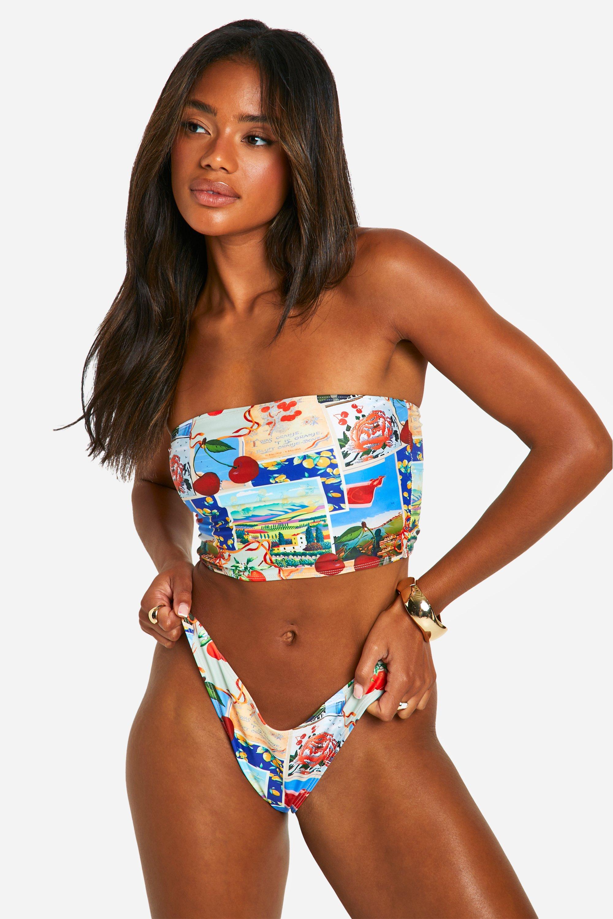 boohoo Postcard Print High Leg Bikini Bottoms Multi Size 6