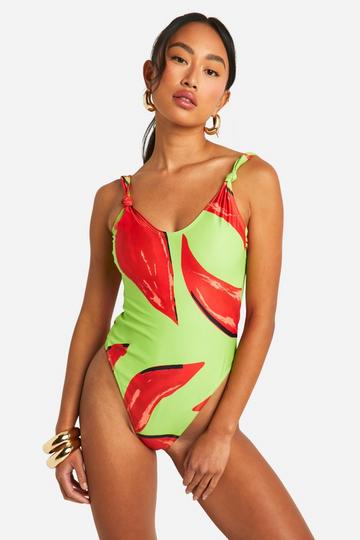 Floral Knotted Plunge Swimsuit bright green