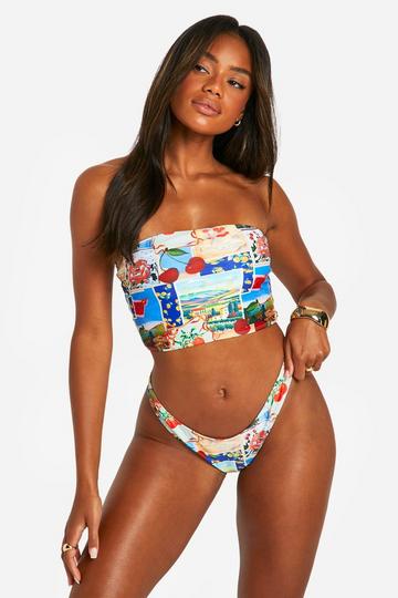 Postcard Print Longline Bandeau Bikini Top multi