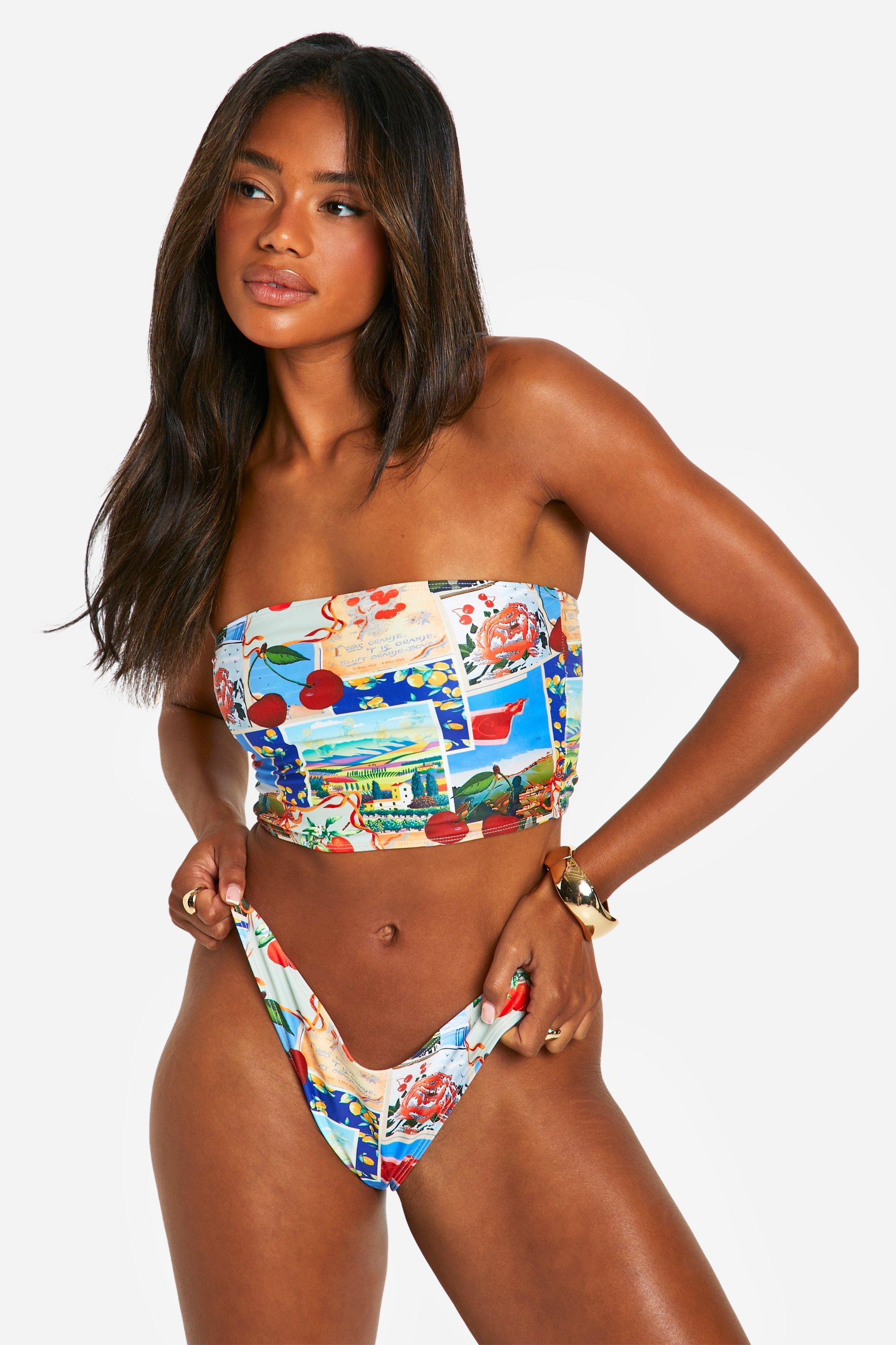 Postcard Print Longline Bandeau Bikini Top boohoo NO