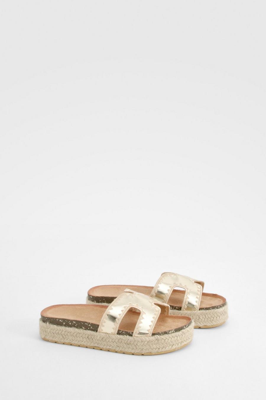 Gold Cut Out Detail Contrast Stitch Espadrille Sliders      