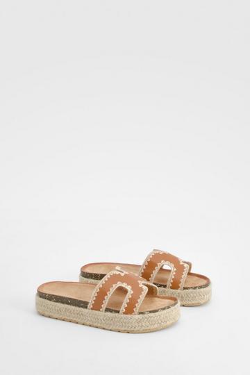 Tan Brown Cut Out Detail Contrast Stitch Espadrille Sliders