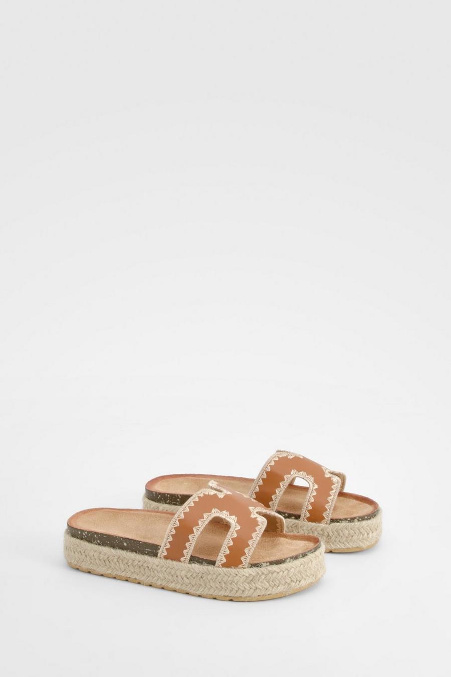 Tan Cut Out Detail Contrast Stitch Espadrille Sliders      image number 1