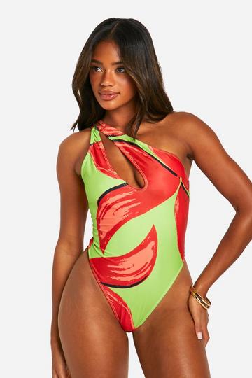 Floral Asymmetric Swimsuit bright green