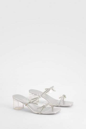 Wide Fit Diamante Bow Low Block Heels silver