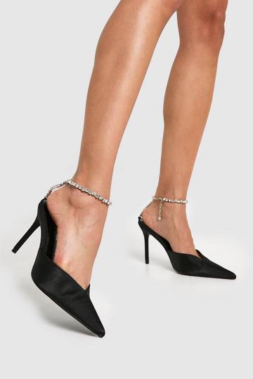 Diamante Strap Satin Pointed Court Shoes black