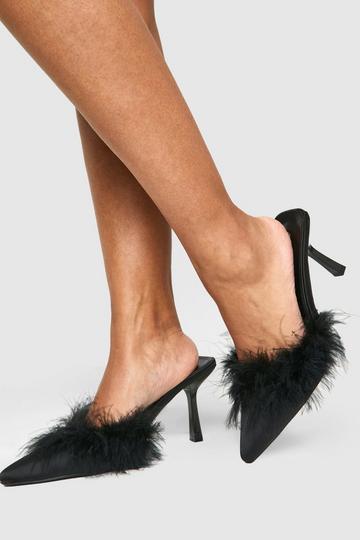 Black Satin Feather Trim Heeled Mules