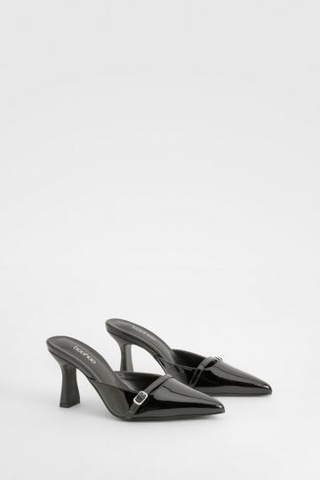 Black Wide Fit Patent Buckle Detail Backless Court Shoes