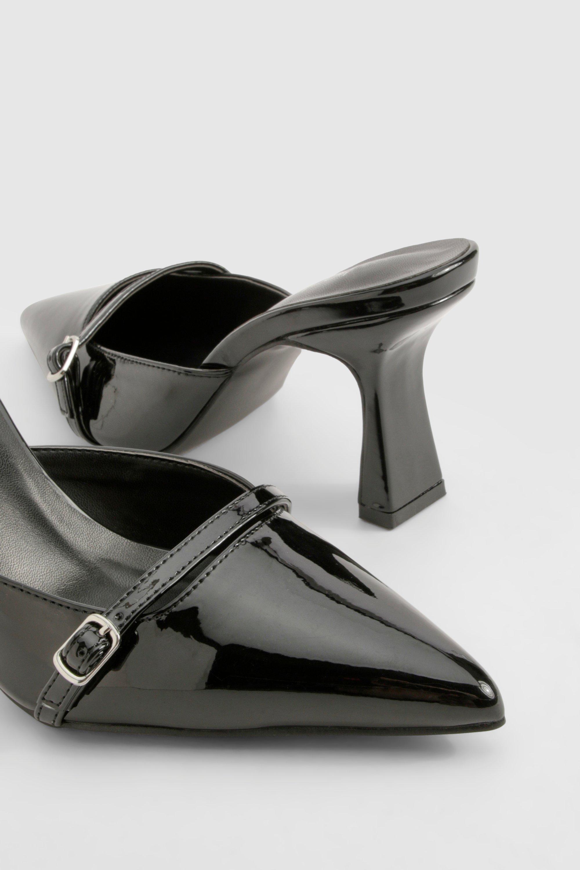 Wide Fit Patent Buckle Detail Backless Court Shoes