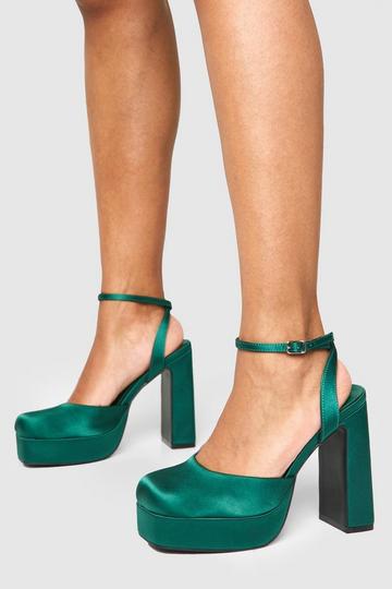 Satin Round Toe Platform Heels emerald