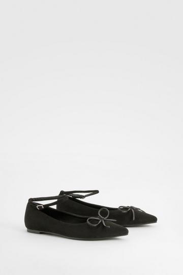 Bow Detail Ankle Strap Pointed Flats black