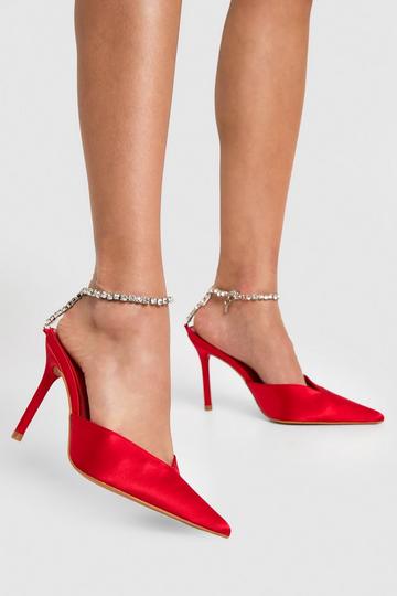 Diamante Strap Satin Pointed Court Shoes red