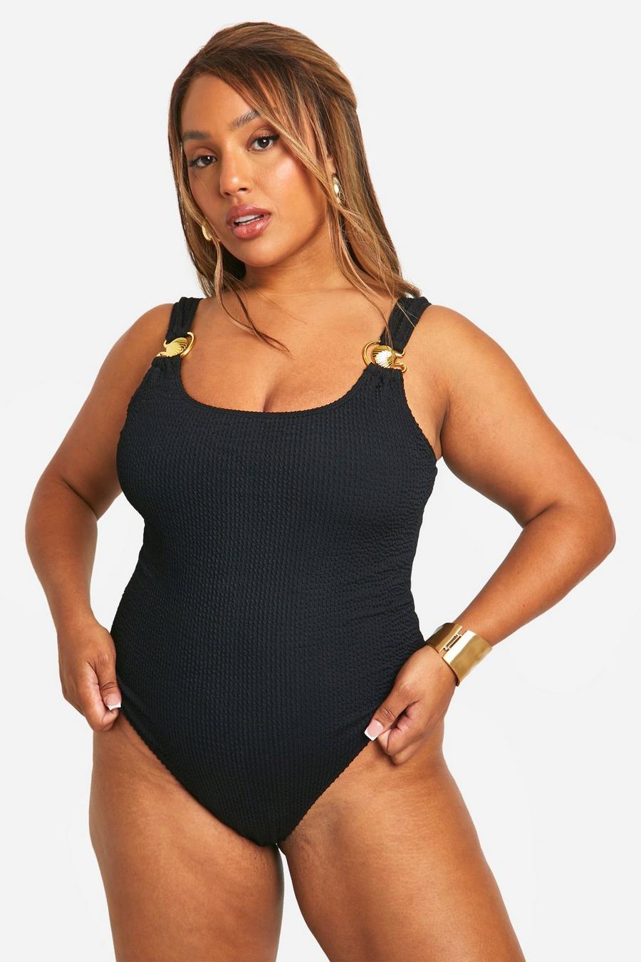 Black Plus Crinkle Shell Scoop Neck Swimsuit image number 1