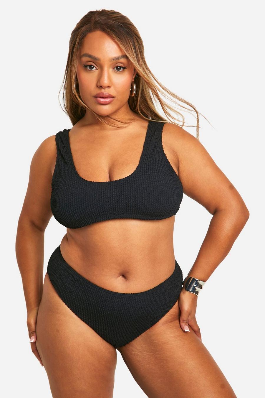 Black Plus Crinkle Textured Scoop Bikini Set 