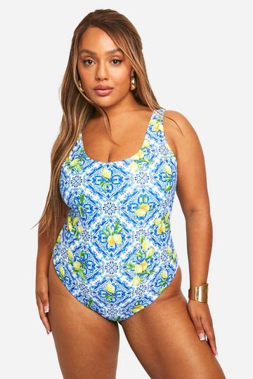 Plus Lemon Tile Print Swimsuit blue