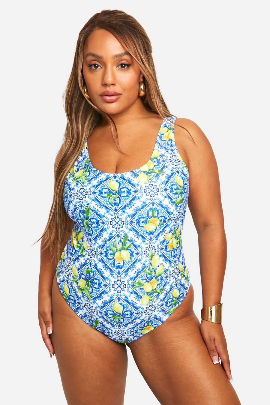 Blue Plus Lemon Tile Print Swimsuit image number 1