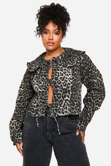 Plus Collar Detail Leopard Bow Front Denim Jacket multi