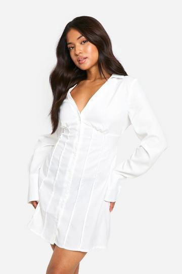 White Petite Cinched Shirt Dress