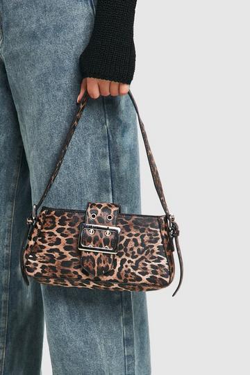 Multi Buckle Detail Leopard Shoulder Bag