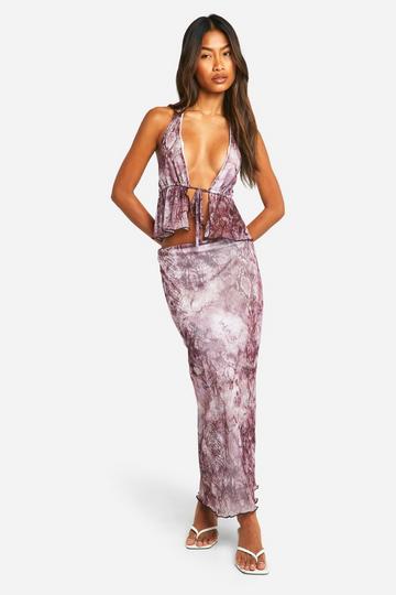 Mesh Slangenprint Low Rise Midaxi Rok purple