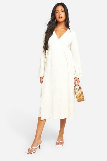 Maternity Textured Wrap Over Long Sleeve Midi cream