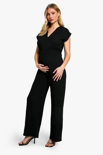 Black Maternity Textured V- Neck Belted Jumpsuit