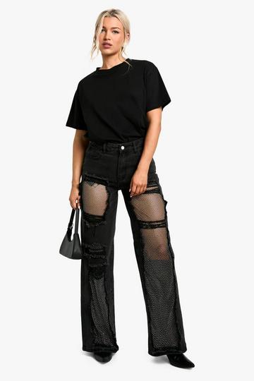 Diamante Mesh Straight Leg Jeans washed black