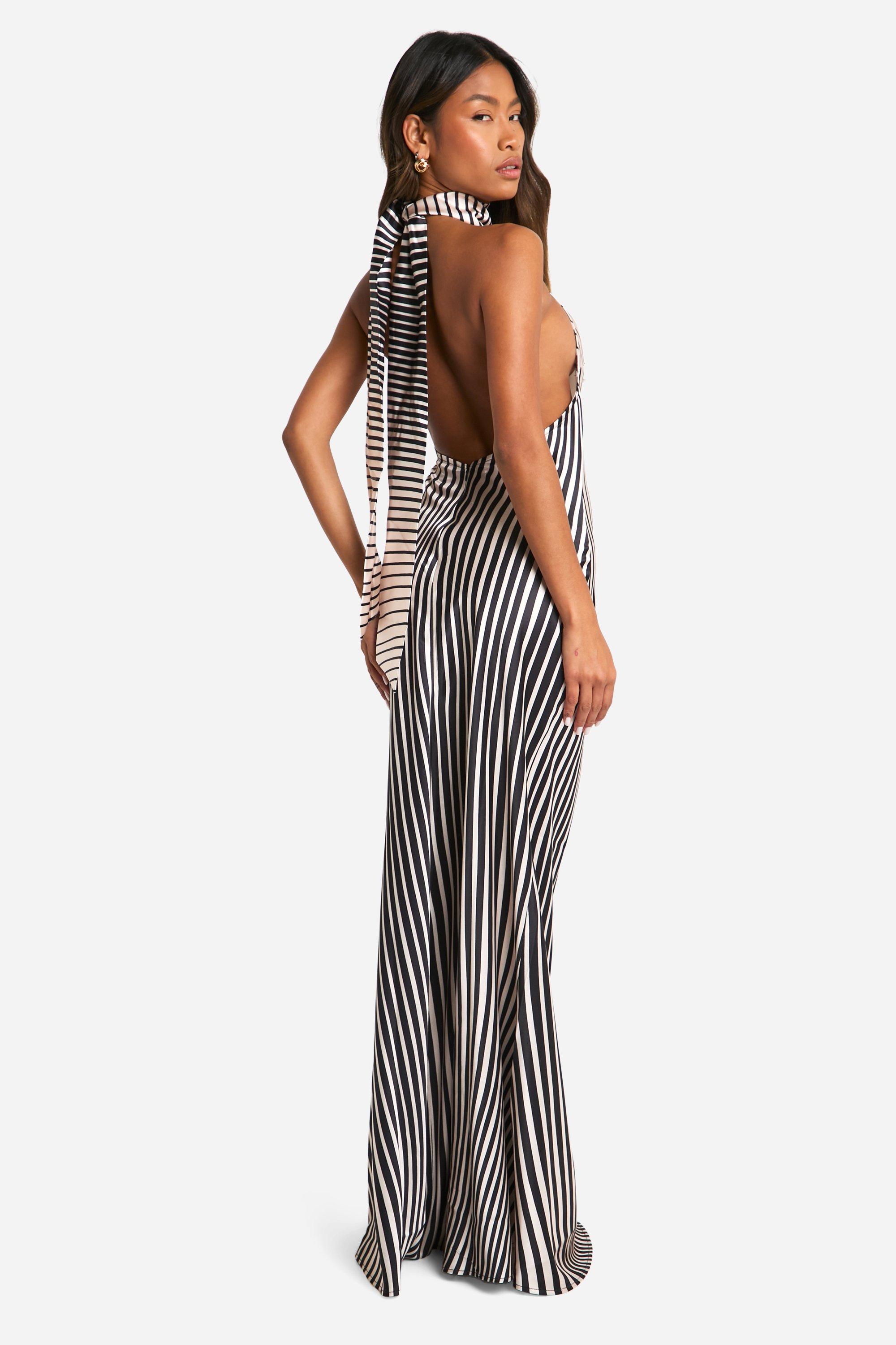 Satin Stripe Halterneck Maxi Dress boohoo UK