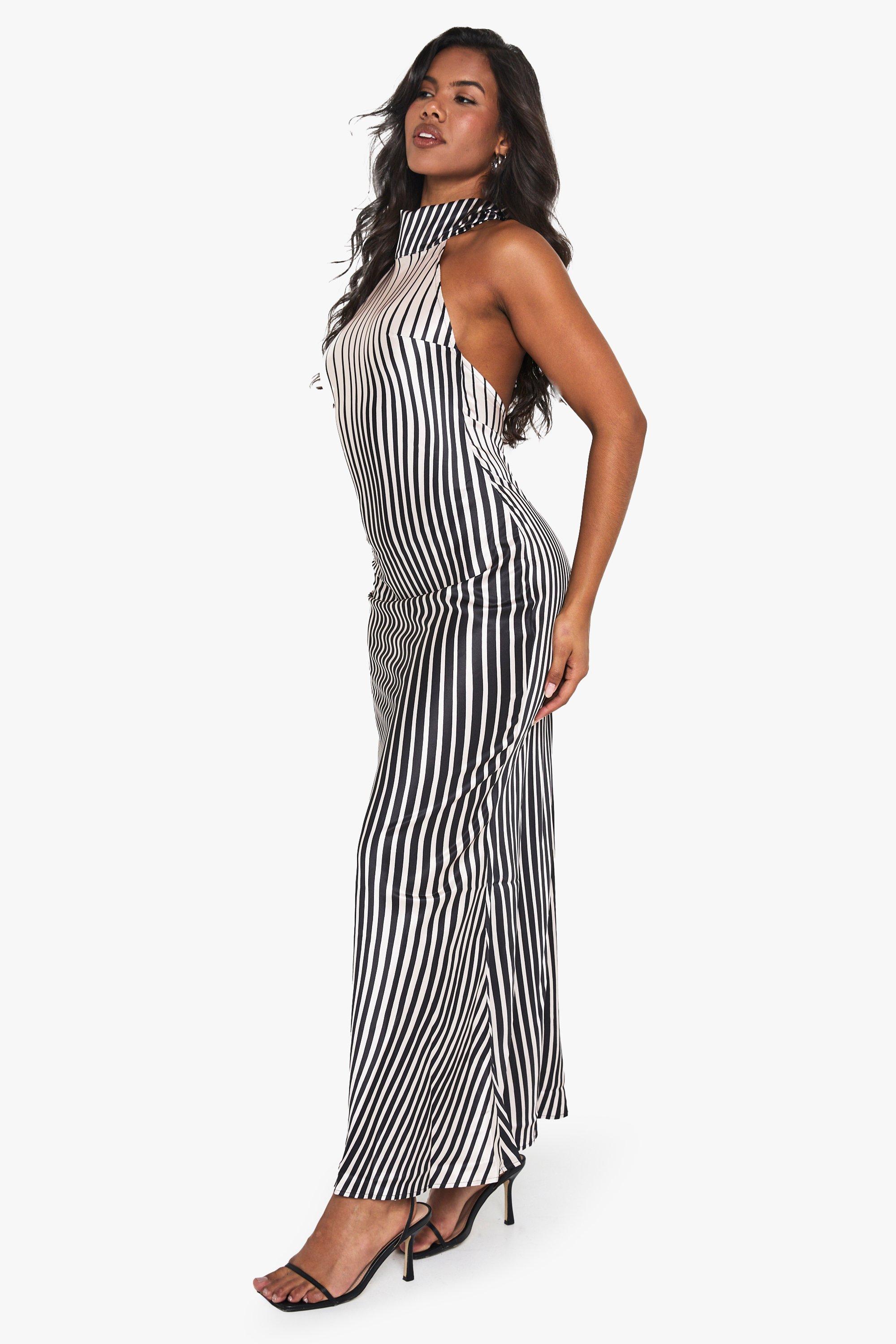 Satin Stripe Halterneck Maxi Dress boohoo UK