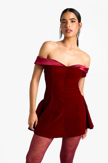 Velvet Off The Shoulder Skirt Mini Dress red