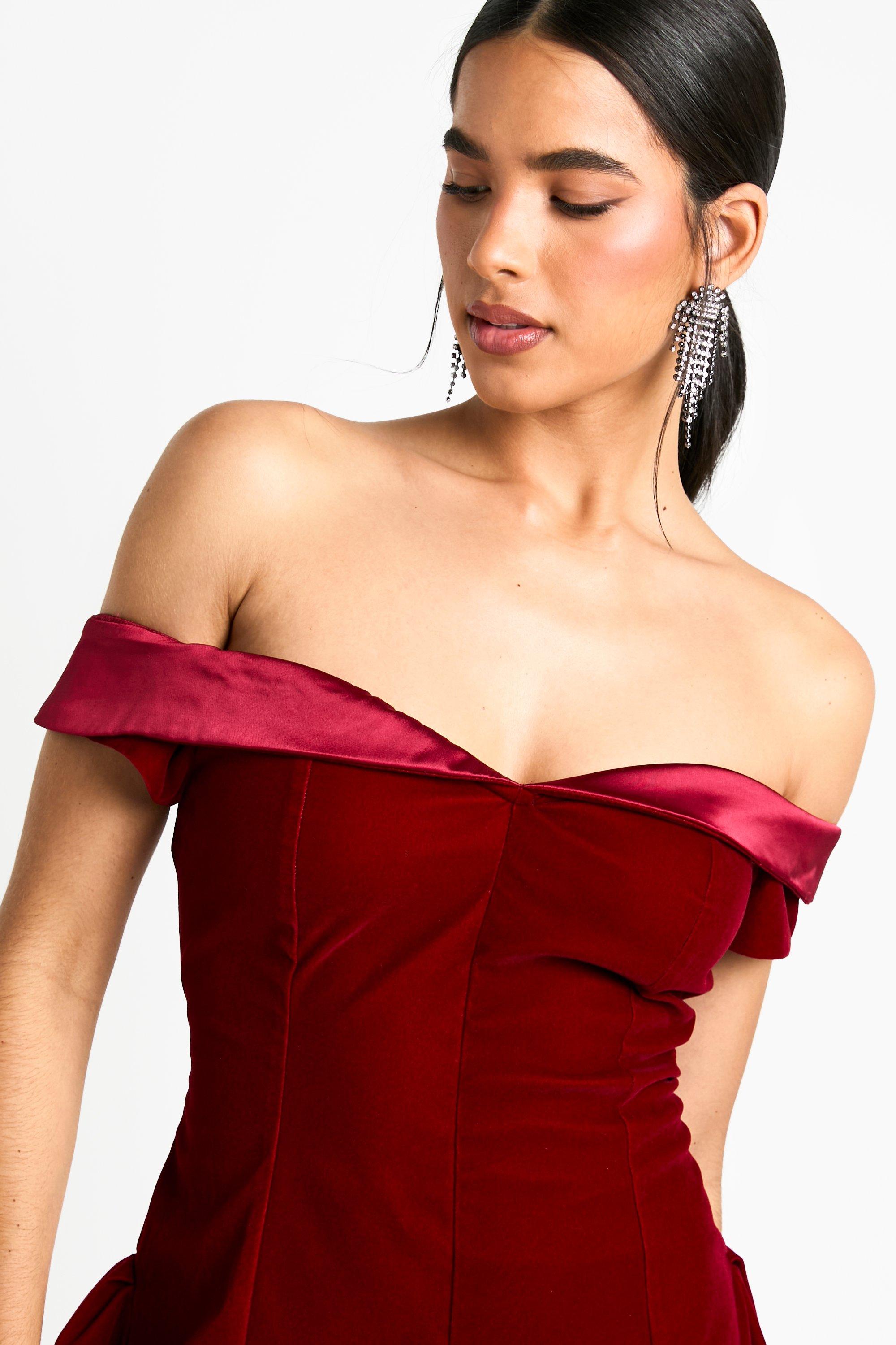 Boohoo red bardot dress hotsell