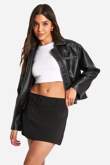 Black Wool Look Belted Mini Skirt