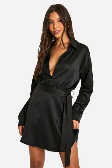 Black Satin Shirt Dress