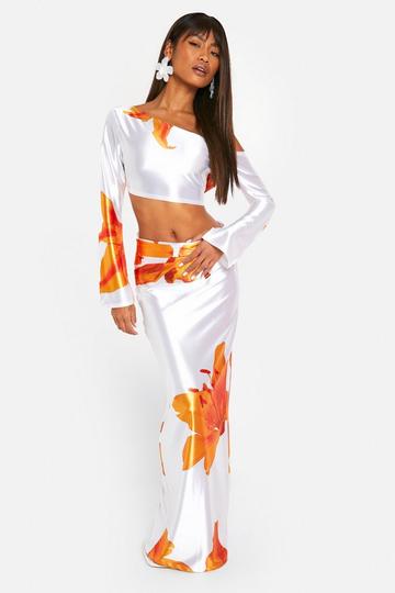 Stretch Satin Long Sleeve And Maxi Skirt Printed Co-ord white