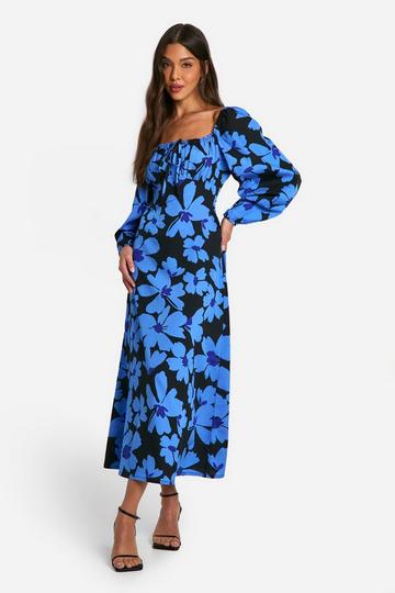 Floral Puff Sleeve Midaxi Dress black