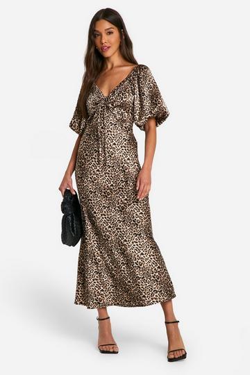 Luipaardprint Midaxi Jurk Met Pofmouwen brown