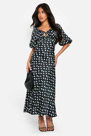 Dot Satin Puff Sleeve Midaxi Dress black