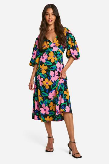 Floral Puff Sleeve Tie Back Midi Dress multi